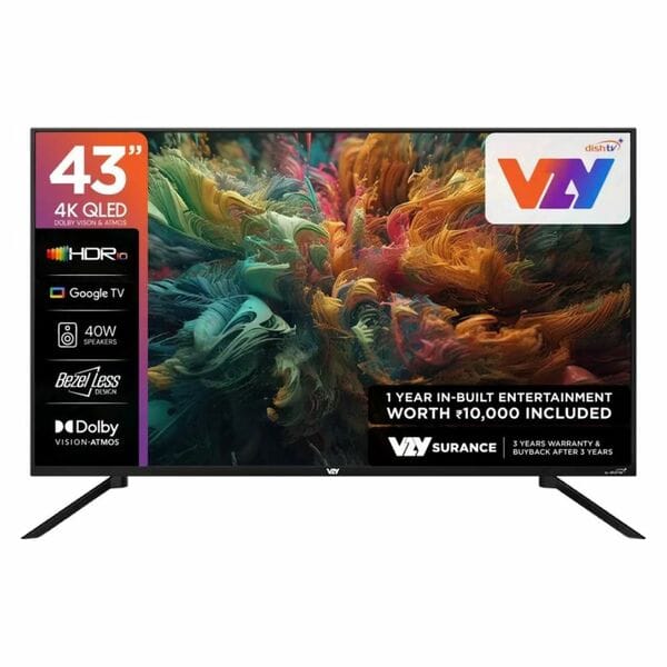 Buy VZY by DishTV 43″ QLED 4K Smart Google TV – 2025 Edition | Dish TV Royale Sports Kids / Family HD (12 Months) | Watcho South/Max 1-Year (20 OTT Apps) | Dolby Atmos | 40W Audio (X43UHQG5AV) on EMI