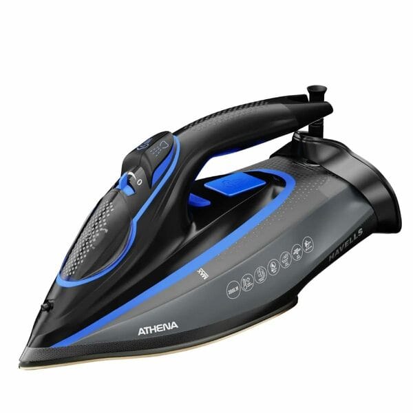 Buy Havells Athena 3000 W Steam Iron with Smart i Sense Technology(No Fabric Burn), 2X Auto Shut Off, Vertical, Horizontal Ironing, Anti Drip, Self-Cleaning&Anti Scale Technology. (Black Blue), 3000 Watts on EMI
