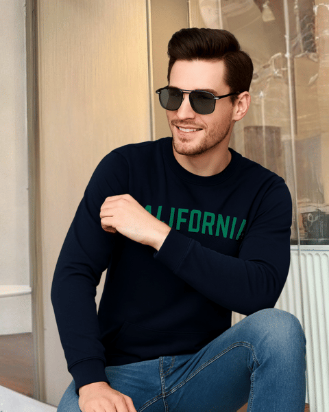 Buy Rigo Men Navy blue Printed Round NeckFleece  Sweatshirt on EMI