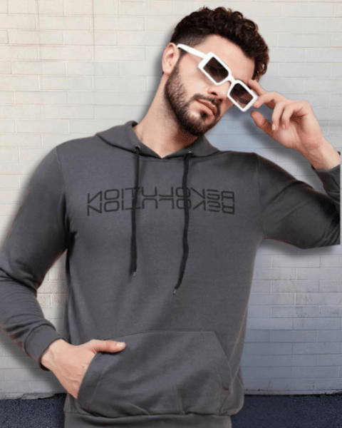 Buy Rigo Men Dark Grey Printed Hooded Fleece Sweatshirt on EMI