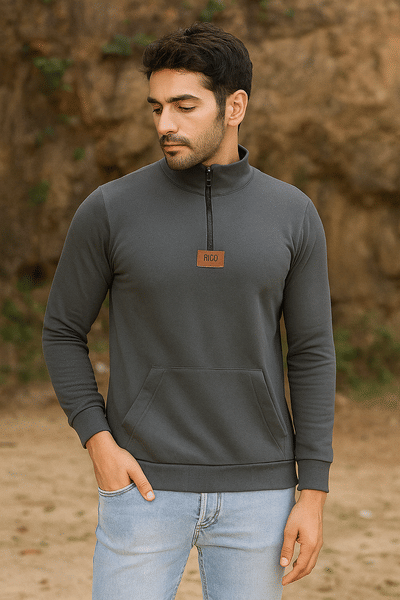 Buy Rigo Men Dark Grey Zip-Up Neck Fleece Sweatshirt on EMI