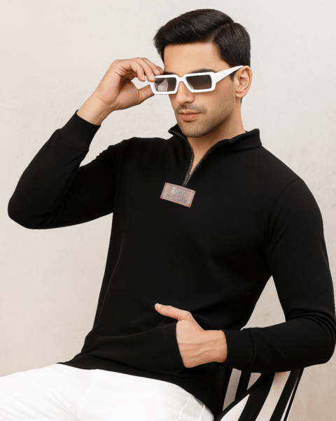 Buy Rigo Men Black Zip-Up Neck Fleece Sweatshirt on EMI