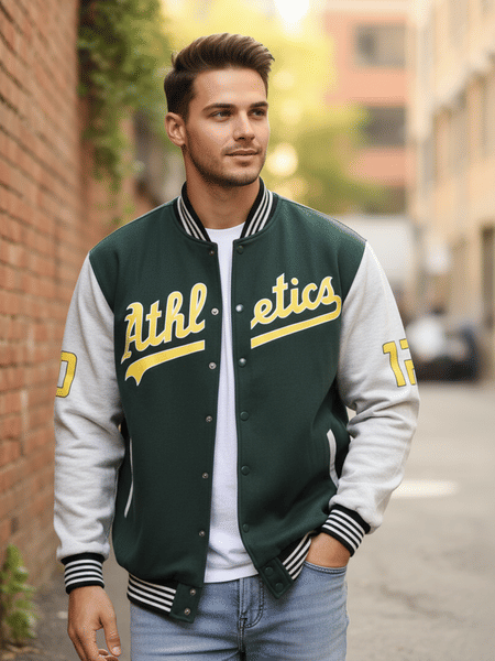 Buy Rigo Men Bottle Green Oversized Printed Fleece Varsity Jacket on EMI