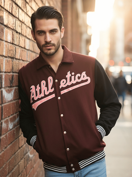Buy Rigo Men Wine Oversized Printed Fleece Varsity Jacket on EMI