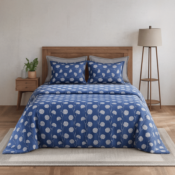 Buy Layers Blossom Blue Double Bedsheet Set | 100% Cotton | 88×100 Inches | Soft & Breathable Floral Design with 2 Pillow Covers | Printed on EMI