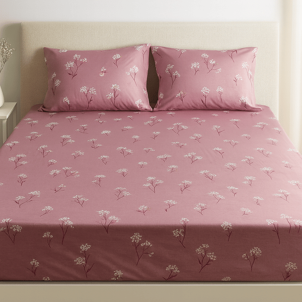 Buy Layers Blossom Pink Double Bedsheet Set | 100% Cotton | 88×100 Inches | Soft & Breathable Floral Design with 2 Pillow Covers | Printed Premium Fabric on EMI