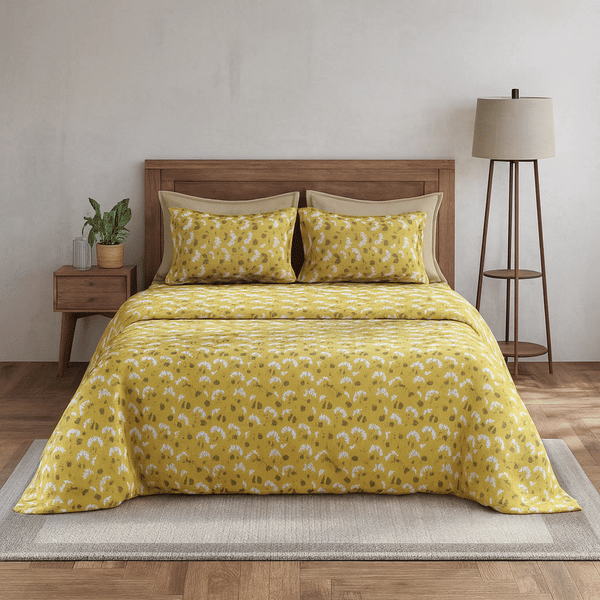 Buy Layers Blossom Yellow Double Bedsheet Set | 100% Cotton | 88×100 Inches | Soft & Breathable Floral Design with 2 Pillow Covers on EMI