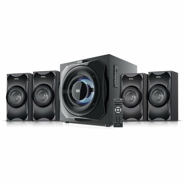Buy Intex Roar 1300 (Bomb) 4.1 Channel Multimedia Speaker System with 130W Peak Power, Remote Control, LED Display, Recording Feature, Powerful Bass – Black on EMI