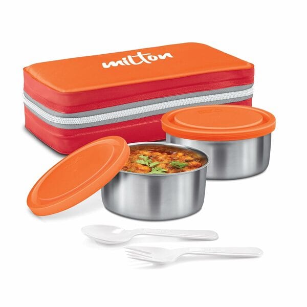 Buy MILTON New Mini Lunch Box with Insulated Bag, 2 Stainless Steel Containers 280 ml Each-Orange on EMI