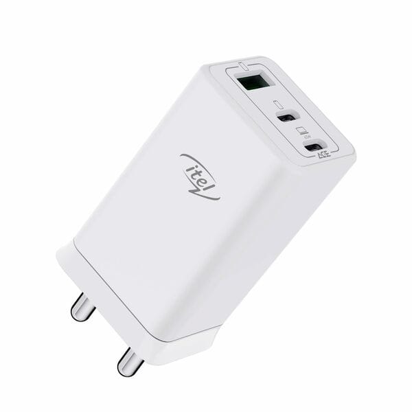 Buy Itel 65W Gan 3-Port Fast Charger Dual Type-C & USB, Wide Compatibility with Laptops, Tablets, iPhones & Android Devices, Over Voltage Protection, Sleek & Elegant Design, White on EMI