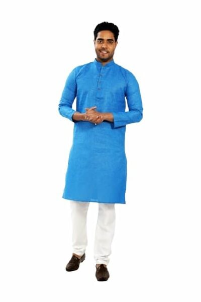 Buy Shree Ashtavinayak Men Kurta Pajama Set, Cotton, Mandarin Collar, Full Sleeves, Solid Long Kurta, Regular Fit (Blue) on EMI