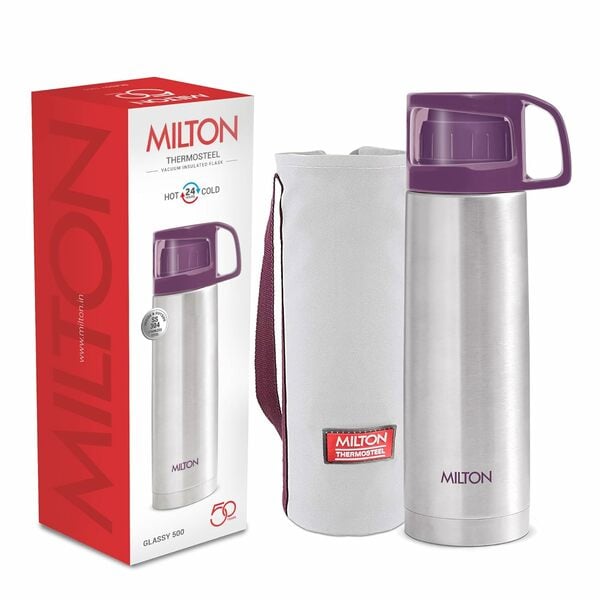 Buy Milton Glassy 500 Thermosteel Flask 500ml | Double Wall Vacuum Insulated Bottle with Cup Lid & Carry Jacket | 24 Hrs Hot & Cold | Rust-Proof Travel Water Bottle for Tea & Coffee | Purple on EMI