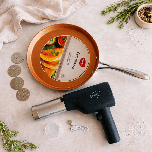 Buy Pigeon Kitchen Combo, Rechargeable Noodle & Idiyappam Maker with 5 Moulds + 280mm Cerasteel Non-Stick Tawa, Gas & Induction Compatible on EMI