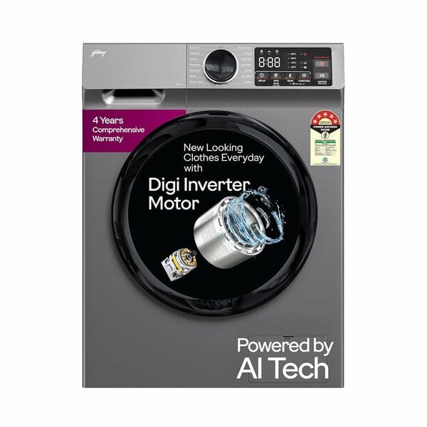 Buy Godrej 10 Kg 5 Star Fully Automatic Front Load Washing Machine | AI Powered, Steam Wash, Digi Inverter | Silver Stream on EMI