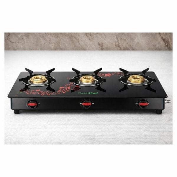 Buy Greenchef GT Bliss 3 Burner Gas Stove | Toughened Glass Top | Manual Ignition | High-Efficiency Brass Burners on EMI