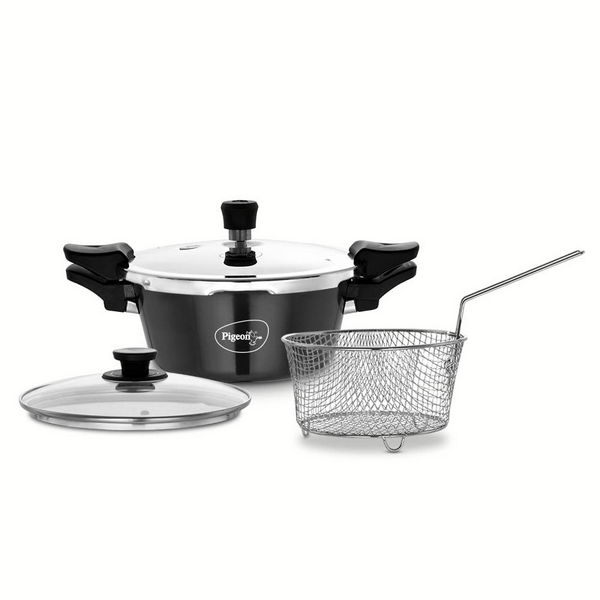 Buy Pigeon Hard Anodised All in One Super Cooker Pro 3L – Pressure Cooker, Glass Lid & Frying Basket on EMI