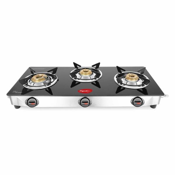 Buy Pigeon Ayush 3 Burner Gas Stove with Glass Top and Stainless Steel Body on EMI