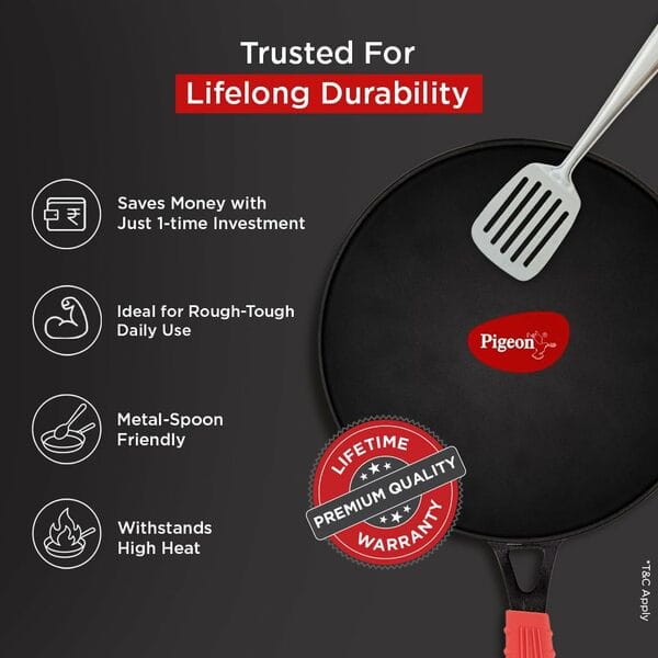 Buy Pigeon Imperi Cast Iron Dosa/Roti Concave Tawa 28cm, Free Silicone Grip, Pre-Seasoned, Toxin-Free Tava, Nonstick Cookware , Gas & Induction on EMI