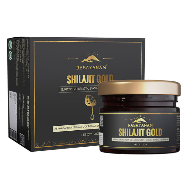 Buy Rasayanam Shilajit Gold Resin | 300-500mg/serving | 75% Fulvic Acid | High Potency Shilajeet, Ashwagandha KSM66, Swarn Bhasma (24 Carat Gold) & Saffron | Strength & Muscle Recovery - 20g (80 Servings) on EMI