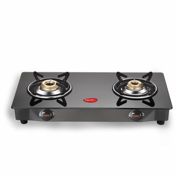 Buy Pigeon Ayush BLK 2 Burner Glass Manual Gas Stove (2 Burners), Black on EMI