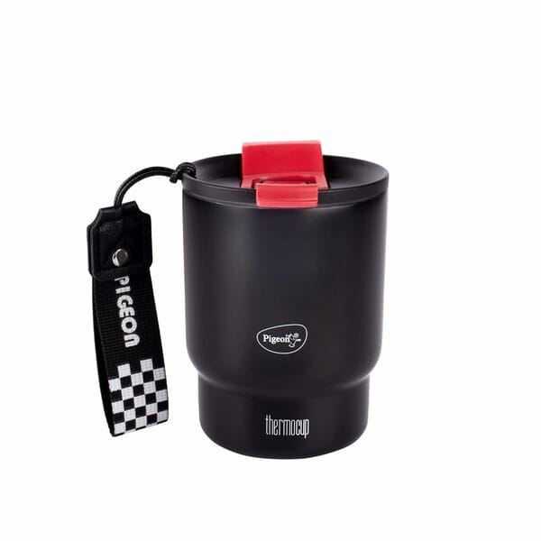 Pigeon Thermocup 350 ml: Stainless Steel Vacuum Insulated Coffee Cup/Tumbler for Hot and Cold Drinks, BPA-Free, Leak-Proof, Coffee Mug with Double Lid – Ideal for Car, Home, Office, Travelling|Black