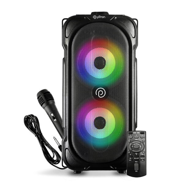 Buy pTron Fusion Party v2 40W Karaoke Bluetooth Party Speaker with 3M Wired Microphone, Dual Drivers, RGB Lights, USB/SD Card Playback, Auto TWS Function & Remote Control (Black) on EMI