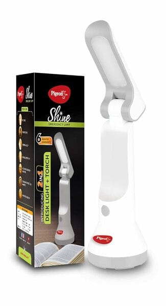 Buy Pigeon Dhruv Shine 2 in 1 Desk and Torch Emergency Lamp with 1200 Mah and 8 Hours Backup (White, Pack of 1, Plastic) on EMI