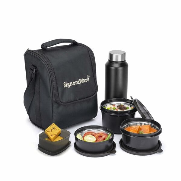 Buy Signoraware Monarch Premium Big Lunch Box ( 500ml+350ml+200ml+100ml+750ml | Black ) on EMI