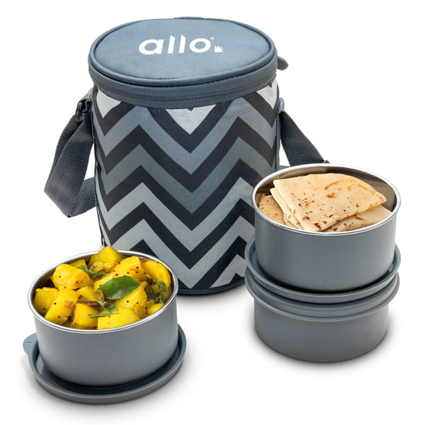 Buy Allo Stainless Steel Lunch Box for Office with Bag, Microwave Safe AirTight & Leak Proof Tiffin for Office, School, College, Set of 3 (300ml x 3) with Chevron Grey Bag on EMI