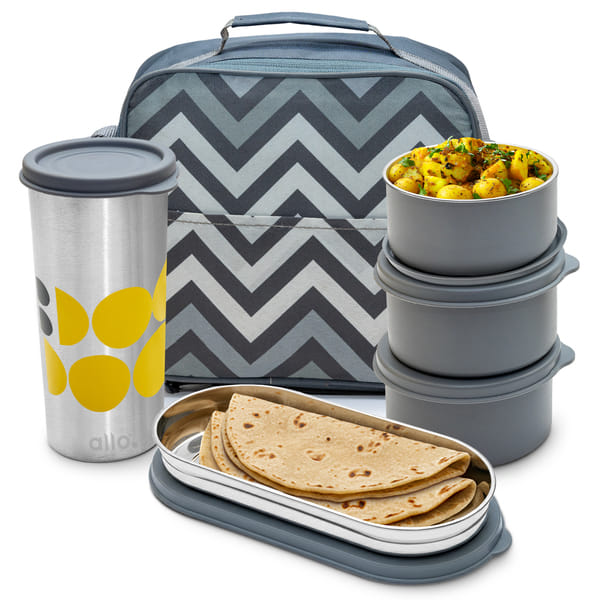 Buy Allo Microwave Safe Steel Lunch Box for Office with Bag for Men and Women, Air Tight & Leak Proof Stainless Steel Tiffin for Office, School, College, Set of 4 with Steel Tumbler & Chevron Grey Bag on EMI