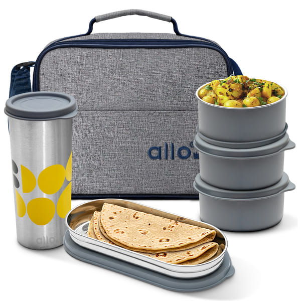 Buy Allo Microwave Safe Steel Lunch Box for Office with Bag for Men and Women, Air Tight & Leak Proof Stainless Steel Tiffin for Office, School, College, Set of 5 with Bag (Canvas Grey) on EMI