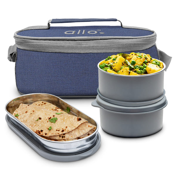 Buy Allo Microwave Safe Steel Lunch Box for Office with Bag for Men and Women, Air Tight & Leak Proof Stainless Steel Tiffin for Office, School, College, Set of 3 with Bag (Denim Blue) on EMI