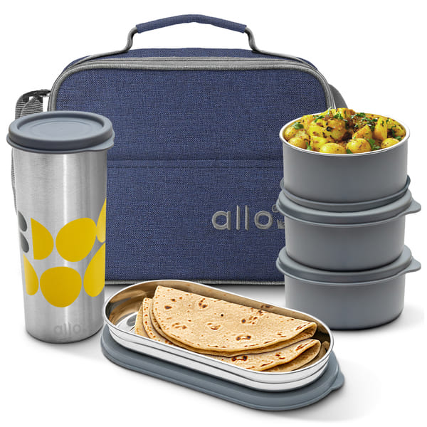Buy Allo Microwave Safe Steel Lunch Box for Office with Bag for Men and Women, Air Tight & Leak Proof Stainless Steel Tiffin for Office, School, College, Set of 5 with Bag (Denim Blue) on EMI