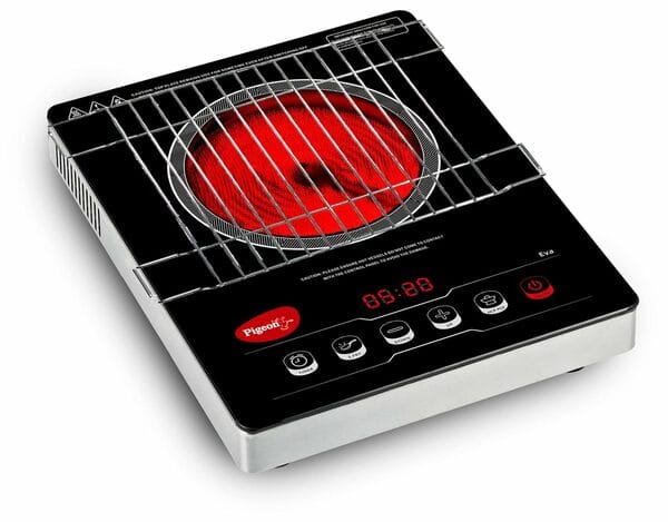 Buy Pigeon Eva Infrared Cooktop 2000 Watts Black (with Free Stainless Steel Grill, Full touch Panel, Auto shut off and Overheat Protection) on EMI