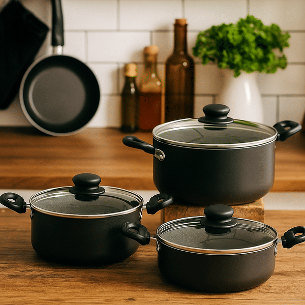 Buy EEZYCHEF Non-Stick Aluminium 3-Piece Biryani Pot Set with Glass Lids – Classic Plus 20cm, 22cm, 24cm, PFOA-Free, Heat-Resistant Handles – Black on EMI