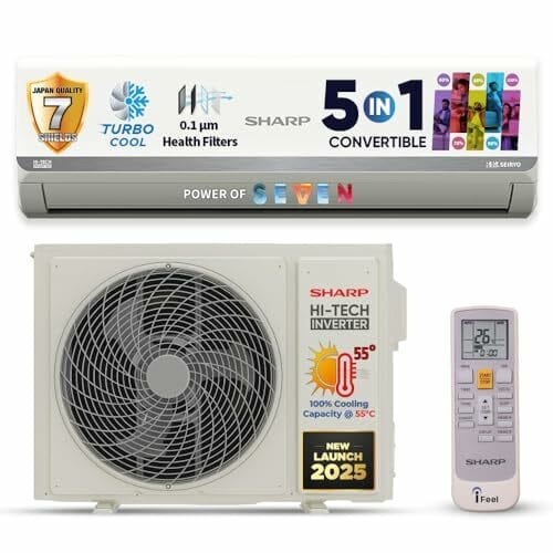 Buy SHARP 1 Ton 3 Star 5-in-1 Convertible, Turbo Cool Technology, Anti-Corrosive Gold Fin Coating, Inverter Split AC, AH-SI12V3B-GC on EMI