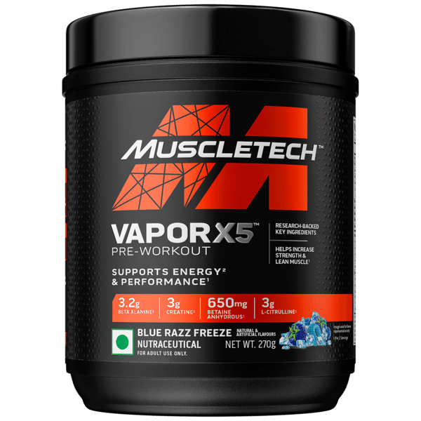 Buy MuscleTech Vapor X5 Pre Workout Powder Support Energy and Performance with Creatine Monohydrate, Beta Alanine, L-Citrulline & Caffeine - Blue Razz Freeze, 30 Servings, 270g on EMI