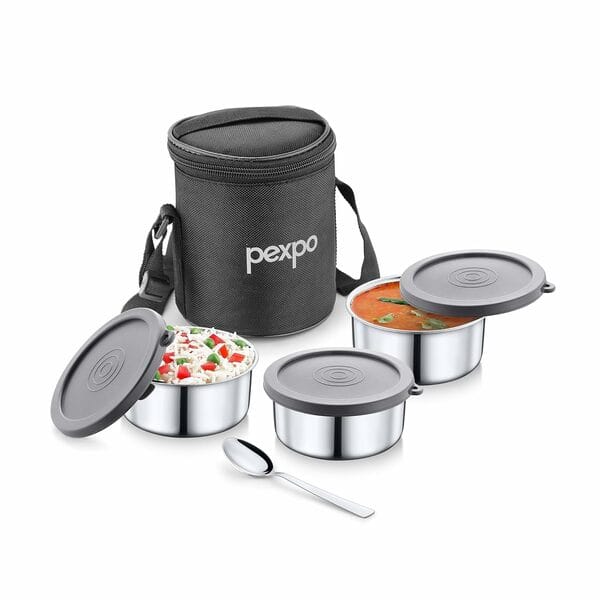 Buy Pexpo Eco Pro-3 Stainless Steel Lunch Box, with 3 Air-Tight Containers (280ml x 3), Spoon & Bag | Easy to Carry & Durable Lunch Box |Leak-Proof | Easy to Clean | 1 Year Warranty (Black) on EMI