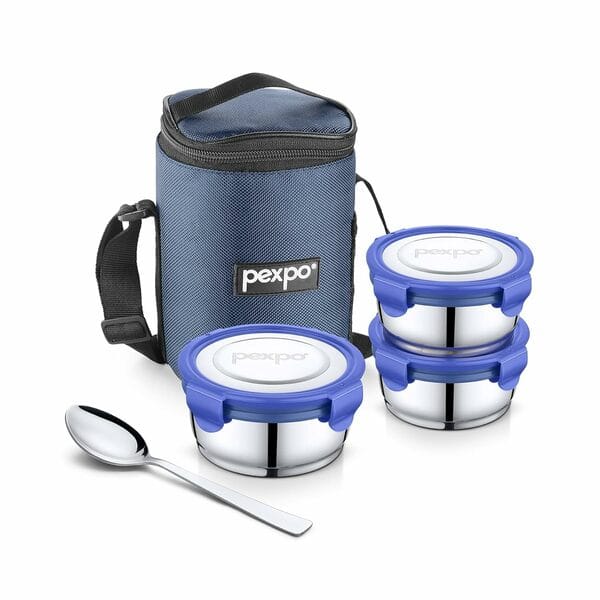 Buy Pexpo Click Meal Stainless Steel Lunch Box with 3 Air-Tight Containers (300ml x 3) & 1 Spoon with Bag - Blue | Leak Proof | Leak Resistant | 1 Year warranty (Blue) on EMI