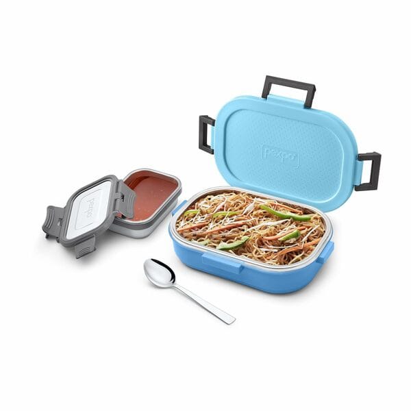 Buy Pexpo Tasty Bite Stainless Steel Insulated Lunch Box for Kids (650ml) & Small Container (150ml) with Spoon | BPA-Free | Anti-Skid Rubber Base (Blue) on EMI