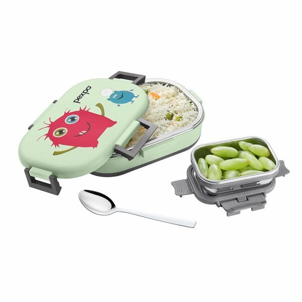Buy Pexpo Tango Elite Stainless Steel Insulated Tiffin Box for Kids (650ml) and Small Container (170ml) with Spoon - Green| BPA-Free|Anti-Skid Rubber Base (Green) on EMI