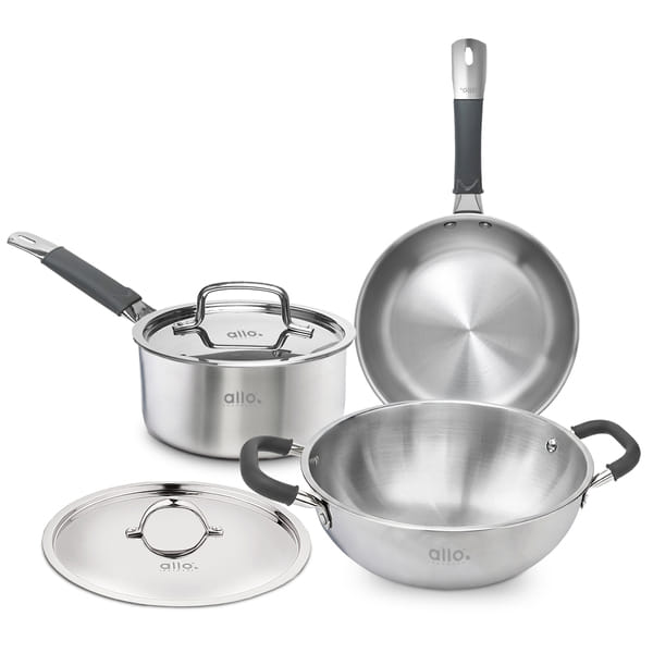 Buy Allo SS Triply Cookware Set, Kadai with Lid (22 Cm/3 L)+ Fry Pan (22 Cm/1.5L)+ Saucepan (16 Cm/1.5L) for Stir-Fry/Deep-Fry Induction Friendly Set of 5, Nonstick on EMI