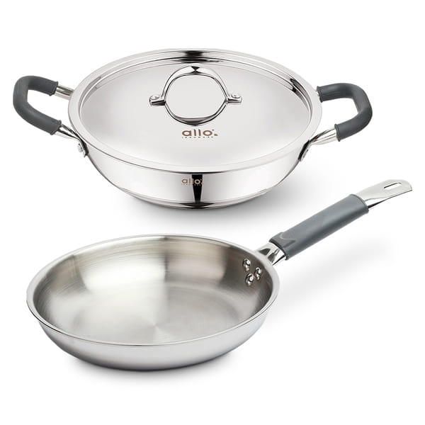 Buy Allo Stainless Steel Triply Cookware, Kadai with Lid (22 Cm/3 L)+ Fry Pan (22 Cm/1.5L)for Curry/Stir-Fry/Deep-Fry/DryVeg/ Induction Friendly 3Pc set, Nonstick on EMI