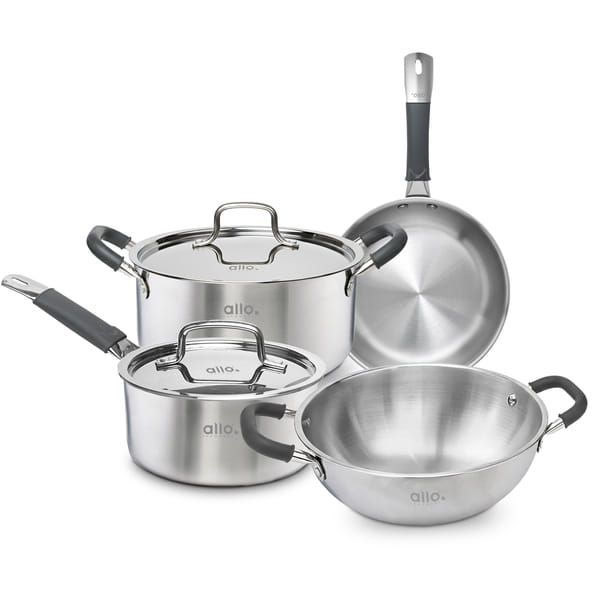 Buy Allo SS Triply Cookware Set, Kadai (20 Cm/1.5 L)+ Fry Pan (20 Cm/1 L)+ Saucepot (20 Cm/3.2 L)+ Saucepan (14 Cm/1 L) Stir-Deep-Fry/Induction Friendly Set of 8, Nonstick on EMI