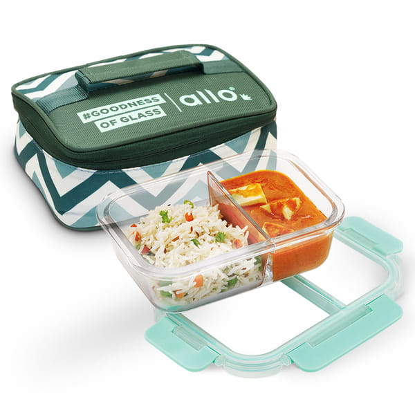 Buy Allo FoodSafe Compartment Glass Lunch Box with Break Free Detachable Lock, 450Â°C Oven & Microwave Safe, Borosilicate Glass Container with Partition Divider, Office Tiffin with Teal Chevron Bag, 580ml on EMI