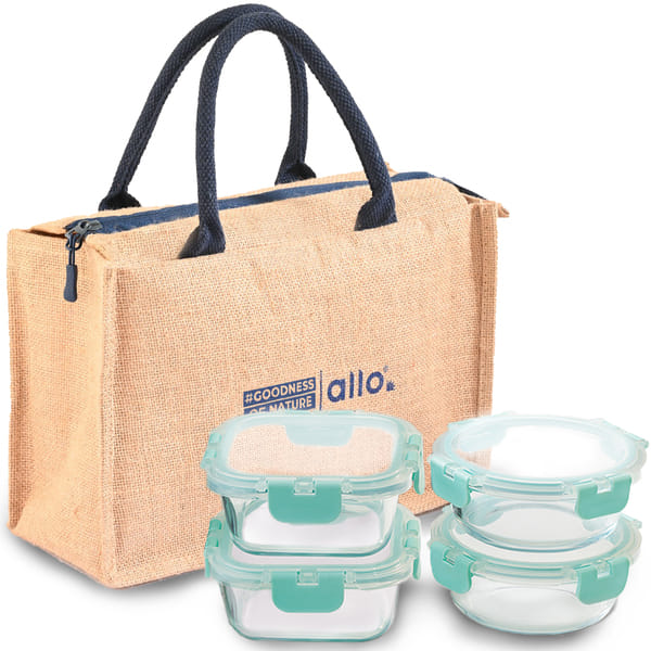 Buy Allo Food Safe Glass Lunch Box with Break Free Detachable Lock, 450°C Microwave Safe Lunch Box, Borosilicate Glass Tiffin for office with Jute Tiffin Bag, Set of 4, 310ml x 2 & 390ml x 2, Square & Round on EMI