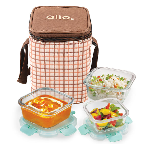 Buy Allo Food Safe Glass Lunch Box with Break Free Detachable Lock, 450°C Microwave Safe Lunch Box, Borosilicate Glass Tiffin for office with Cocoa Brown Tiffin Bag, Set of 3, 160ml x 1, 310ml x 2, Square. on EMI