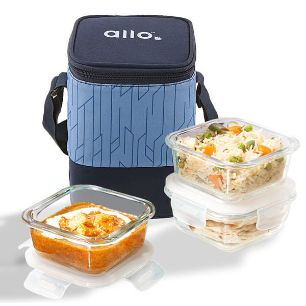 Buy Allo Food Safe Borosilicate Glass Lunch Box, 450C Microwave Safe Lunch Box, Borosilicate Borosilicate Glass Tiffin for Office with Space Blue Tiffin Bag, Set of 3, 320ml x 3, Square on EMI