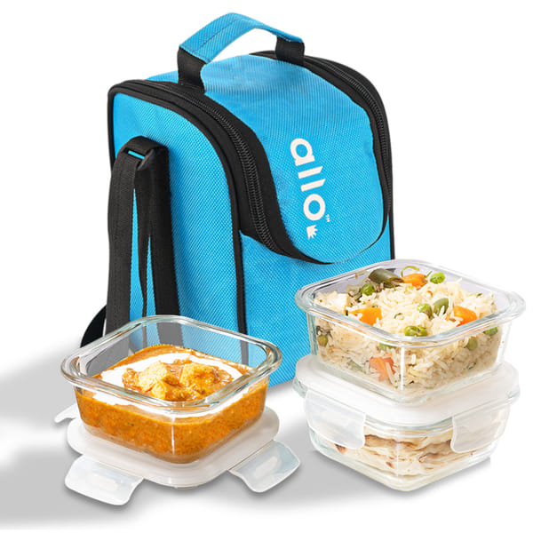 Buy Allo Food Safe Borosilicate Glass Lunch Box, 450C Microwave Safe Lunch Box, Borosilicate Borosilicate Glass Tiffin for Office with Sky Blue Tiffin Bag, Set of 3, 320ml x 3, Square on EMI