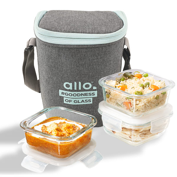 Buy Allo Food Safe Borosilicate Glass Lunch Box, 450C Microwave Safe Lunch Box, Borosilicate Borosilicate Glass Tiffin for Office with Denim Grey Tiffin Bag, Set of 3, 320ml x 3, Square on EMI